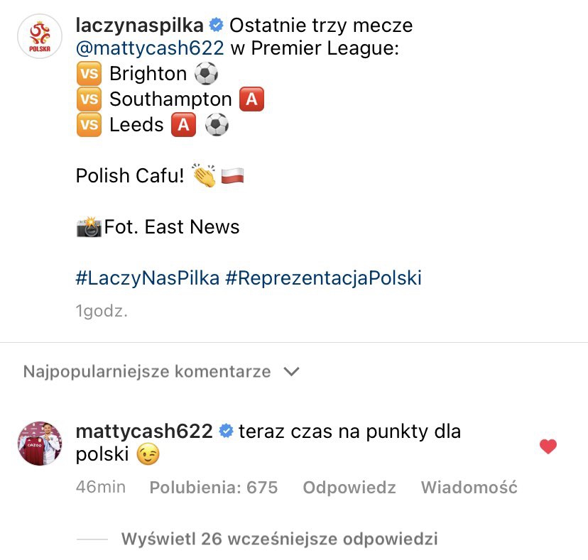 ODPOWIEDŹ Matty'ego Casha pod postem profilu Łączy nas Piłka <3